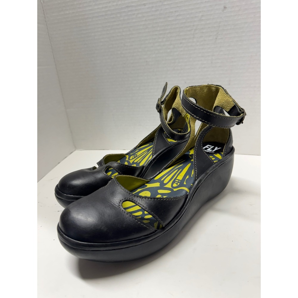 Fly London Black Leather Ankle Strap Wedge Sandals Made in Portugal Size 40 9.5